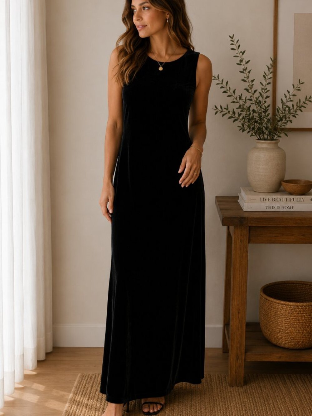 Vintage JBS Ltd Black Velvet Maxi Dress Size 14 90s Minimalist Column Goth ✨
